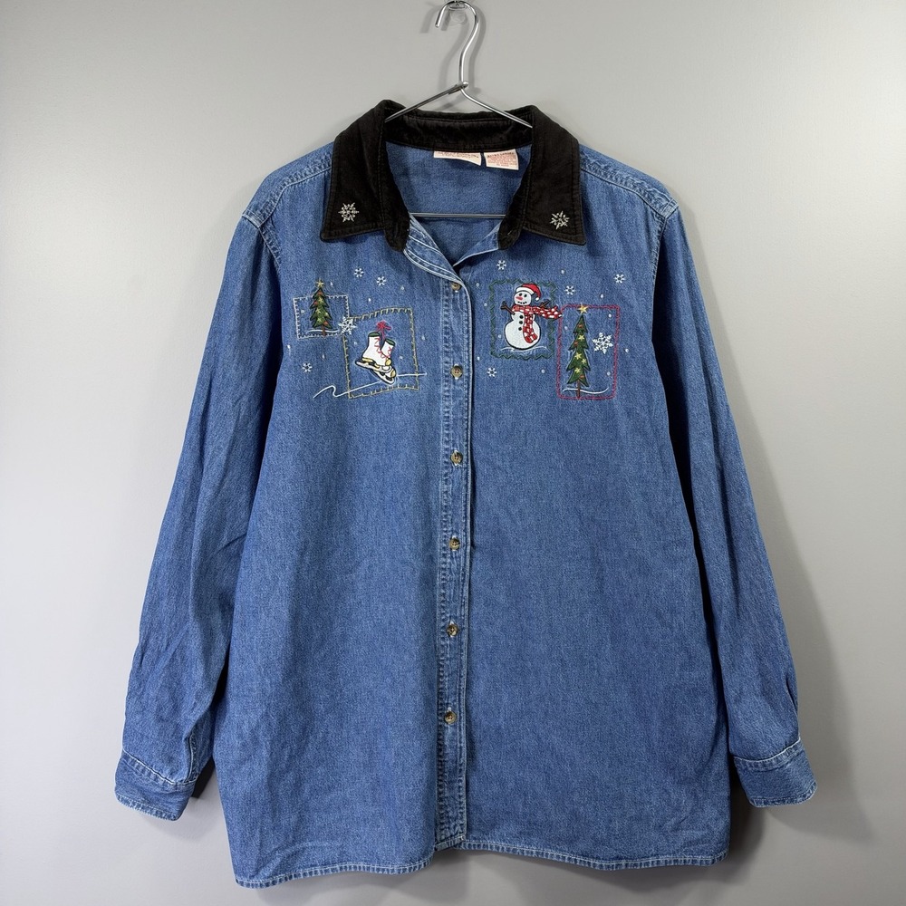 Basic Editions Shirt Womens XL Blue Denim Holiday Christmas Snowman Embroidered